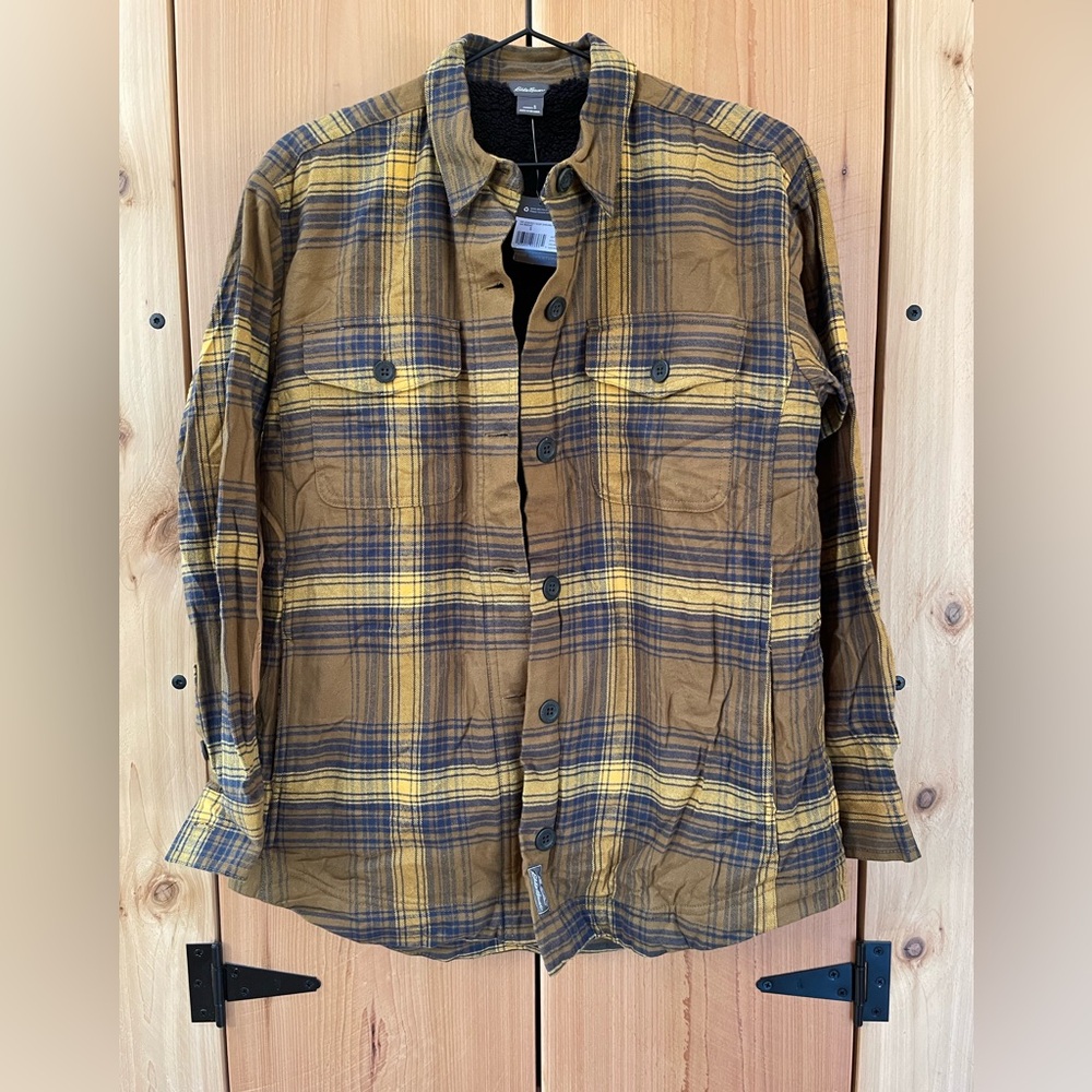 Women’s Eddie Bauer Yellow and navy Blue Sherpa lined flannel Button Down Shirt
